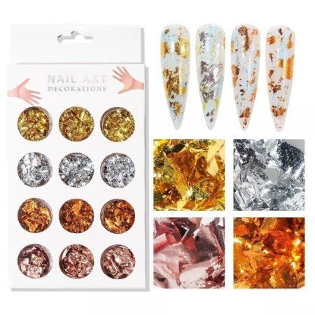 Set 12 Foil multicolor para arte de uñas