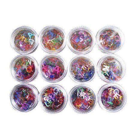 Set de 12 tarros para decoración de uñas con letras